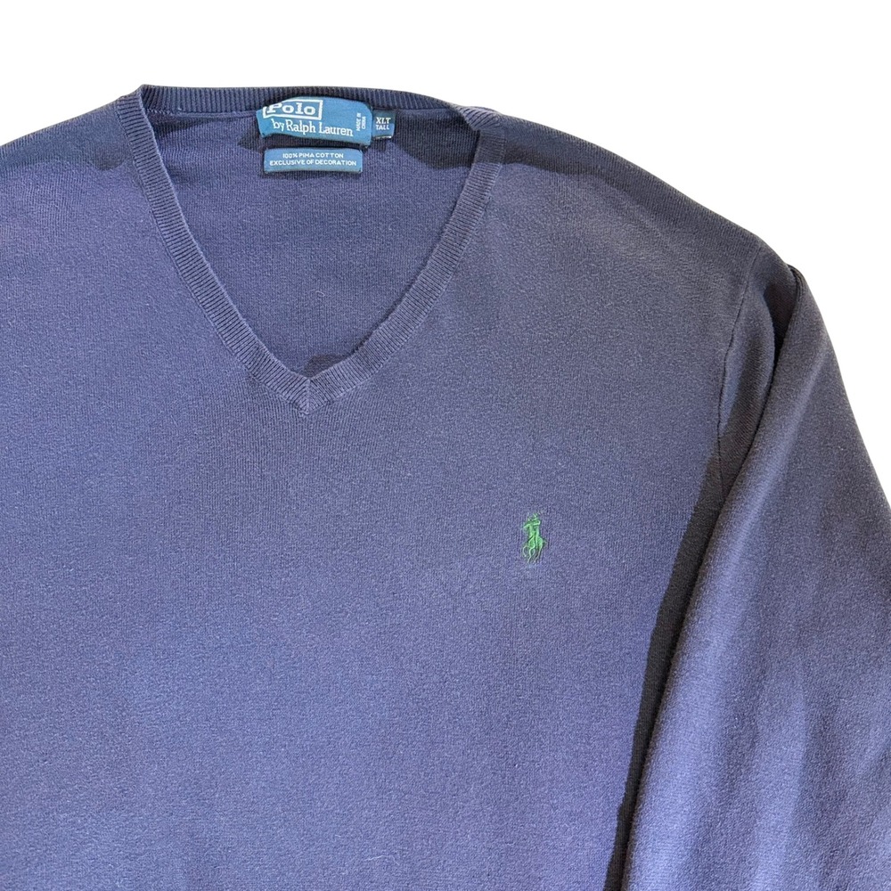 Polo Ralph Lauren Navy Blue Pima Cotton V-Neck Sweater Mens XLT VTG Green Pony